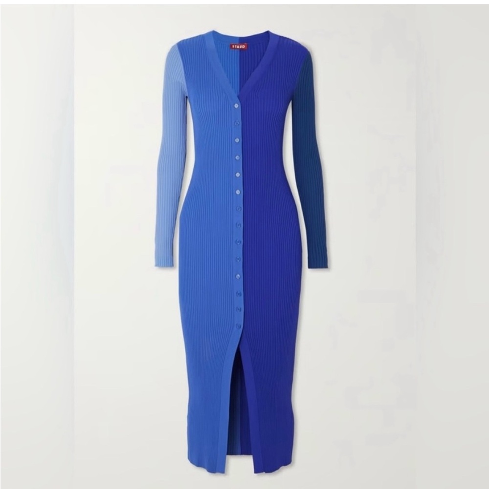 Blue Button-Down Ribbed Knit Dress